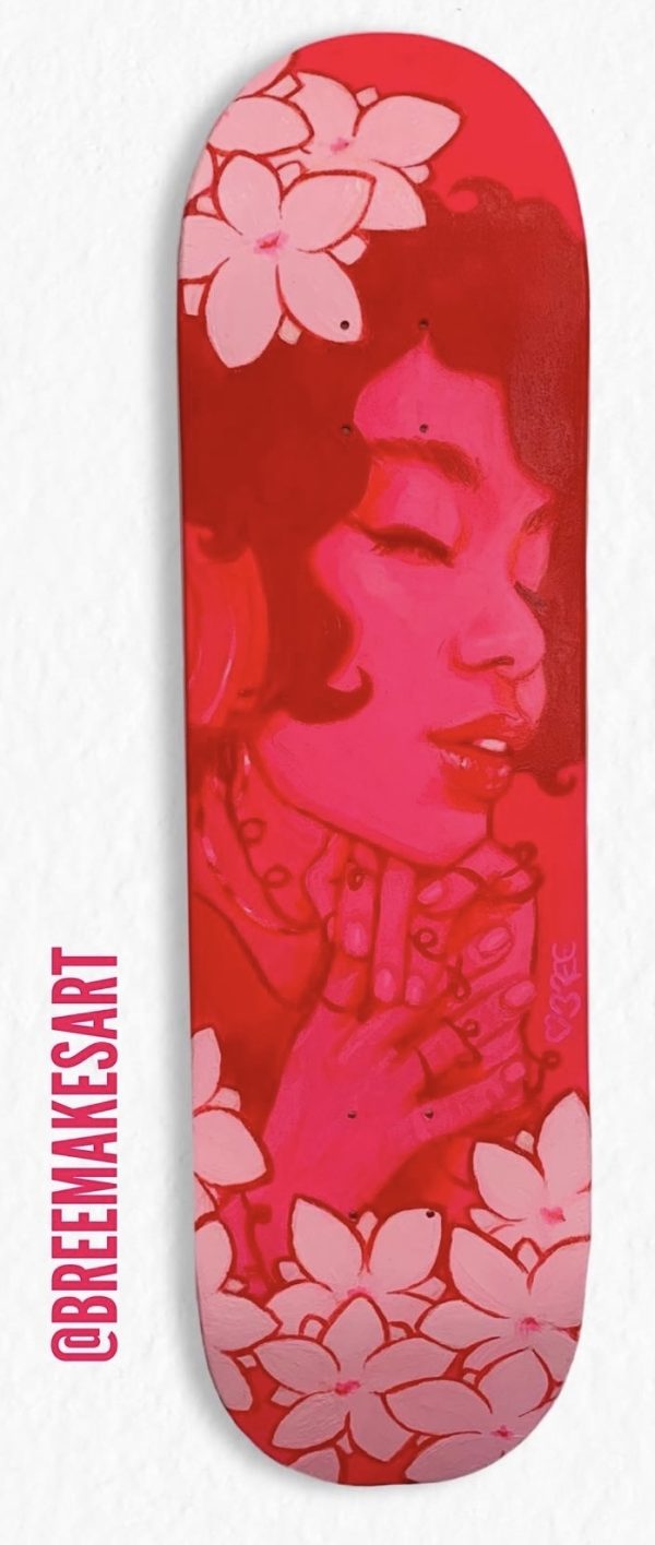 Jasmine in My Mind (2023) Acrylic on Skate Deck Show off your fresh style with eye-popping art on your walls. Art Nouveau-inspired woman enjoys a sublime moment through music, surrounded by jasmine flora. This original artwork is hand-painted by the artist on an 8.5 skate deck, finished with protective polymer varnish. Comes with signed artwork certificate. Ready to hang. 
