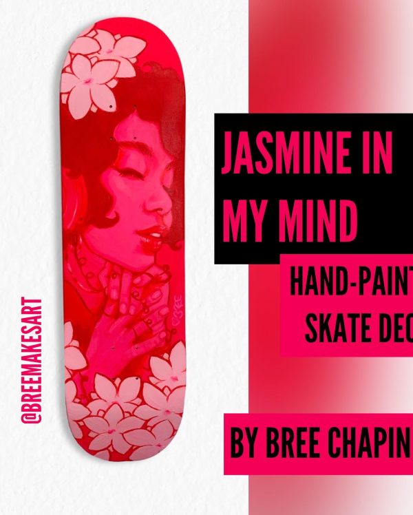 Jasmine in My Mind (2023) Acrylic on Skate Deck Show off your fresh style with eye-popping art on your walls. Art Nouveau-inspired woman enjoys a sublime moment through music, surrounded by jasmine flora. This original artwork is hand-painted by the artist on an 8.5 skate deck, finished with protective polymer varnish. Comes with signed artwork certificate. Ready to hang. 