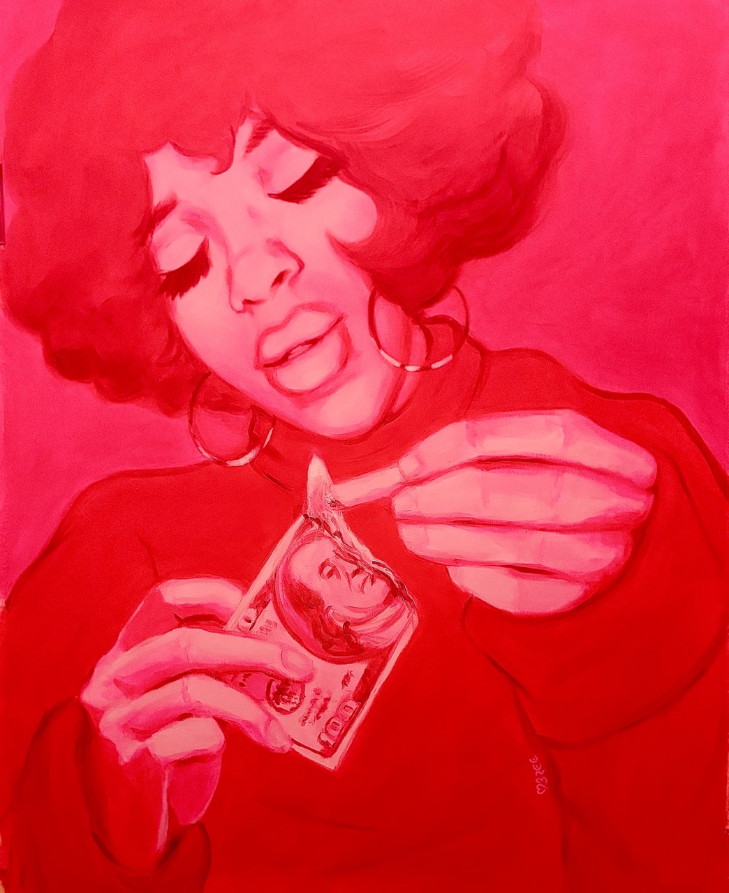 Pink painting of a woman setting fire to a $100 note